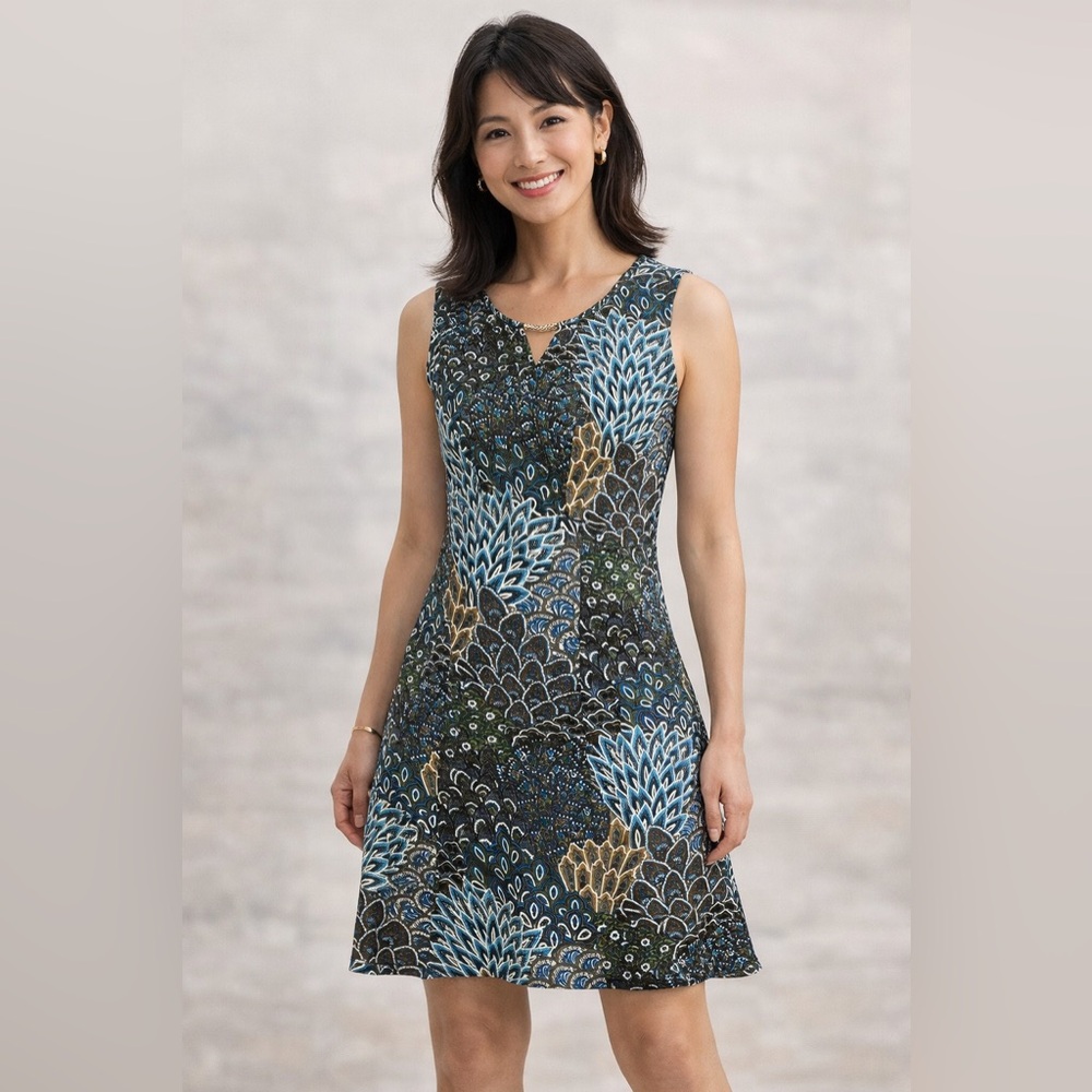 Perseption Petite Flare Keyhole Blue/Teal Peacock Print Midi Dress  – PS